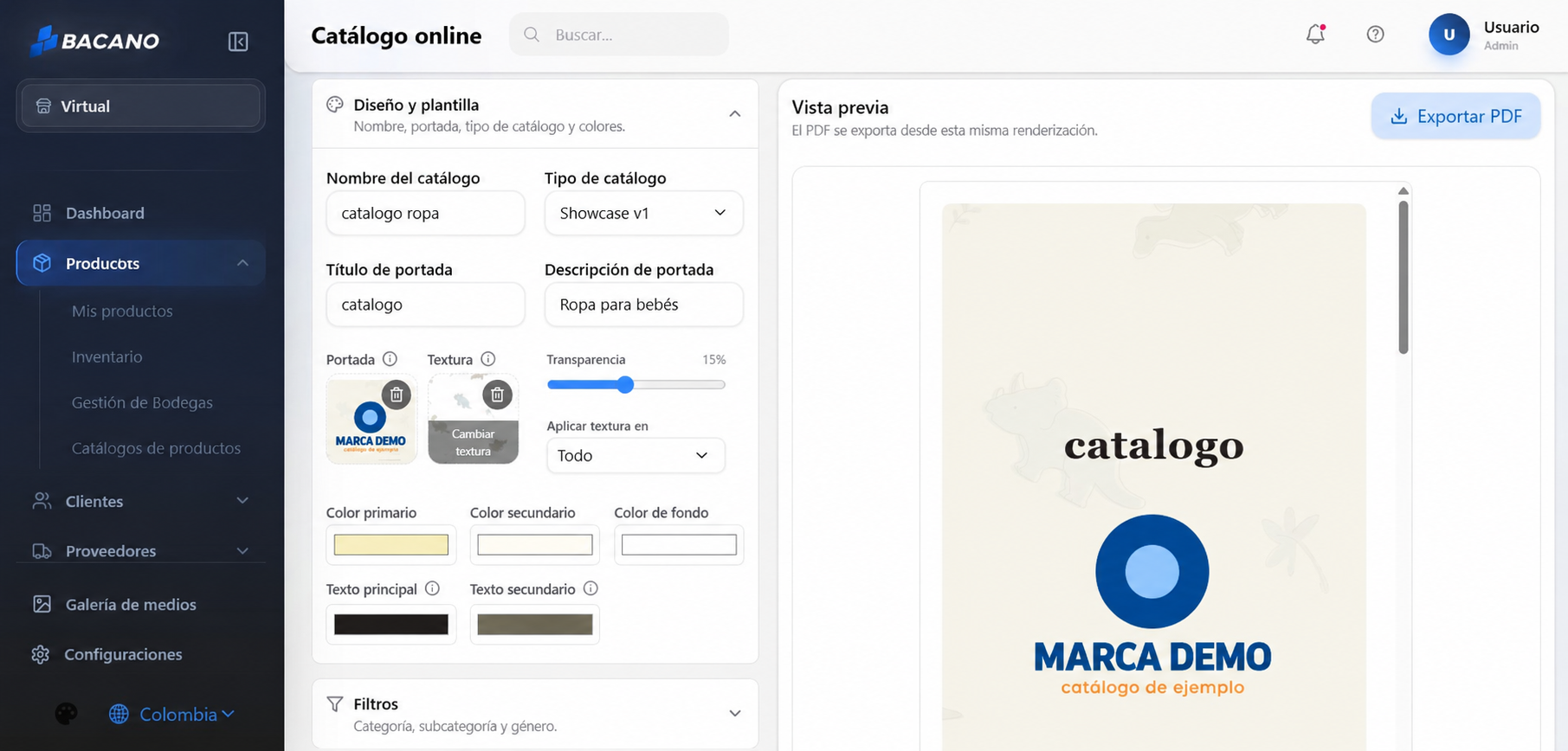 Pantallazo del módulo de generación de catálogos de Bacano ERP