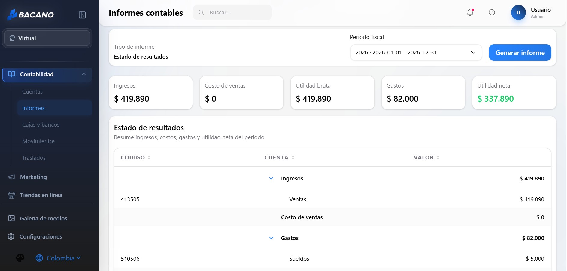 Pantallazo del módulo de informes contables de Bacano ERP