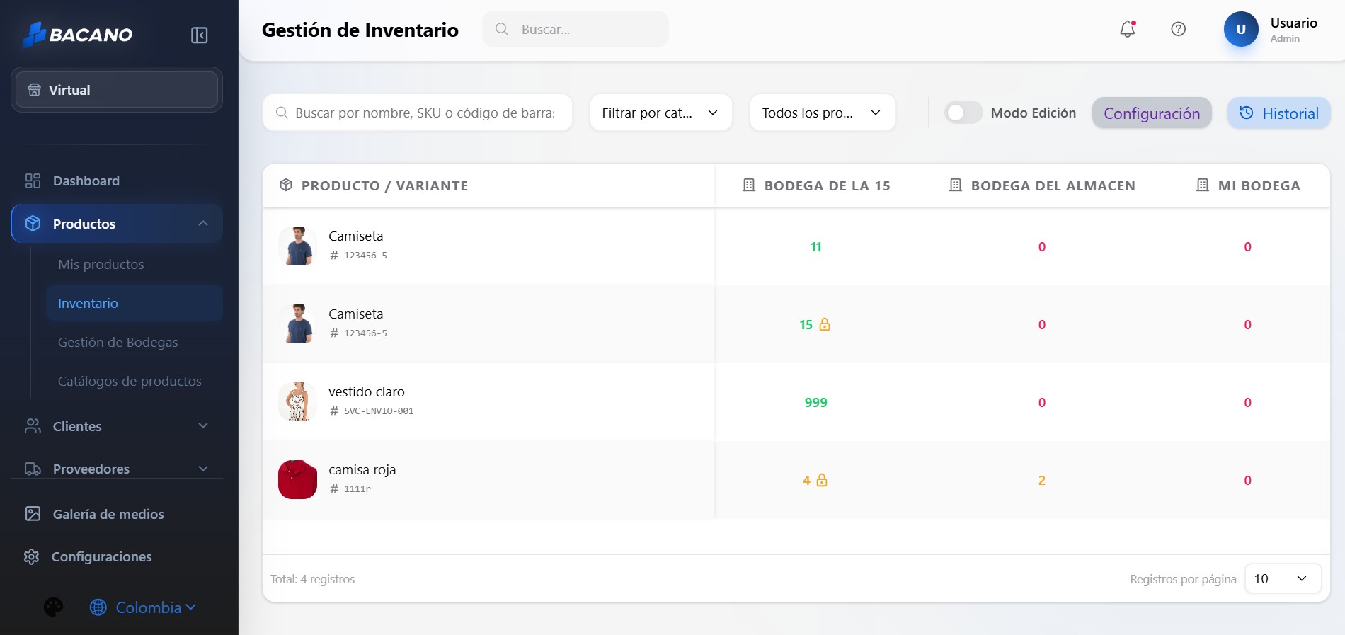Pantallazo del módulo de inventario de Bacano ERP